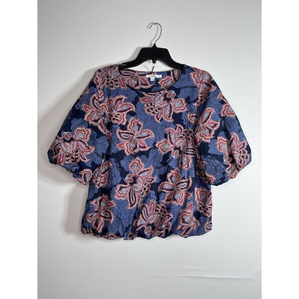 Chico's Paisley Print Blouse Women's Size 2 Large Puff Sleeve Top